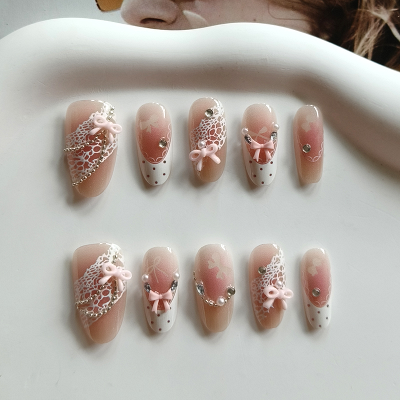 Nail Art Press On - 10 stuks Franse stijl 3D strik
